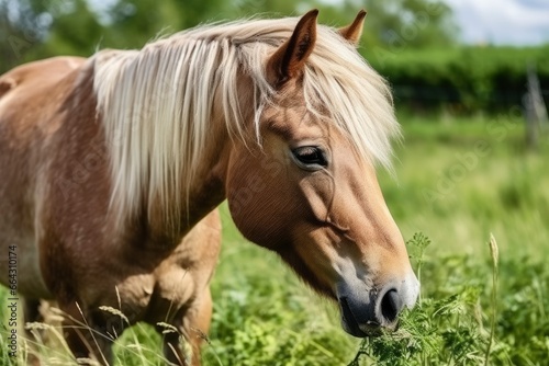 Brown horse with blond hair eats grass on a green meadow detail from the head. © FurkanAli