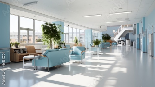 Minimalist Hospital hallway,bright reception waiting room clinic lobby, clean hospital reception with the chair, living room interior. Illustration © ND STOCK