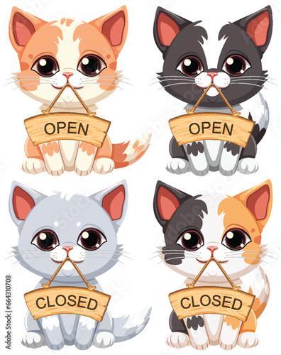 Cute Cat Cartoon Holding Wooden Open Banner