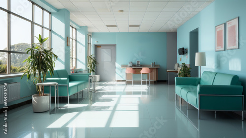 Minimalist Hospital hallway,bright reception waiting room clinic lobby, clean hospital reception with the chair, living room interior. Illustration © ND STOCK