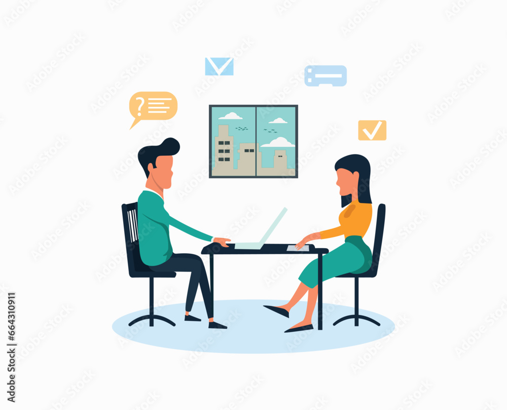 Job interview. Vector flat modern illustration of a man talking to a young woman with laptop. Isolated on background