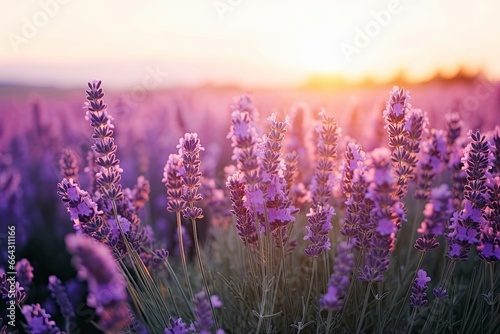 Close up lavender flowers in beautiful field at sunset.