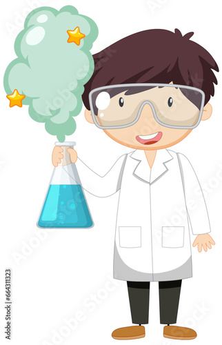 Cute Male Scientist Cartoon Character Conducting Experiment