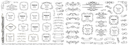 Calligraphic design elements . Decorative swirls or scrolls, vintage frames , flourishes, labels and dividers.