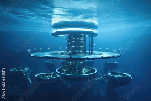 Futuristic power plant of the future in the ocean, water energy