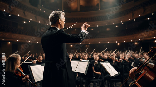 From behind the orchestra conductor, you can witness their commanding presence and skillful direction as they guide the musicians through a harmonious performance, ensuring symphony. AI Generated. photo