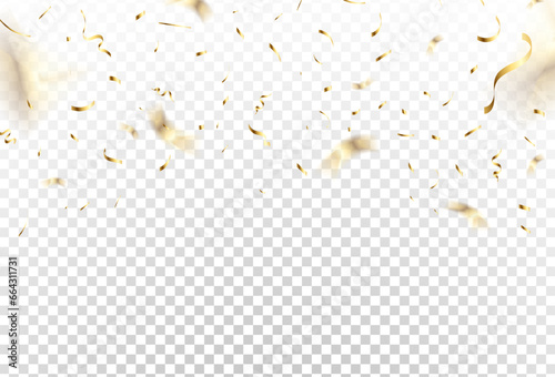 Confetti explosion on a transparent background. Shiny shiny golden paper pieces fly and spread around.