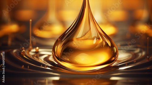 A 3D illustration depicting a glistening drop of golden oil, symbolizing the concept of wellness and beauty products