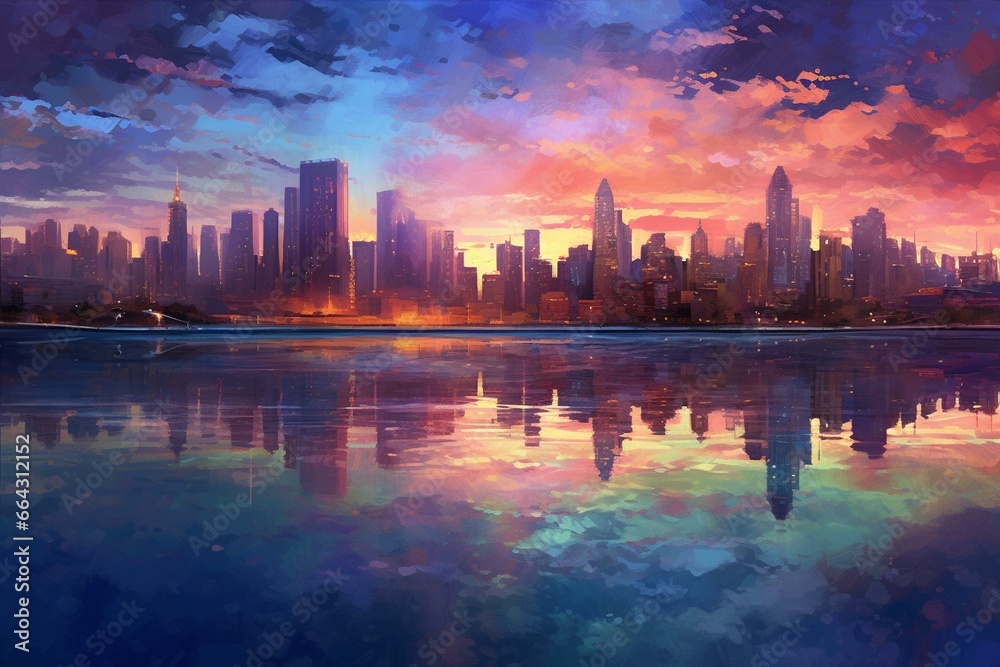 Cityscape glistens in twilight over water. Generative AI