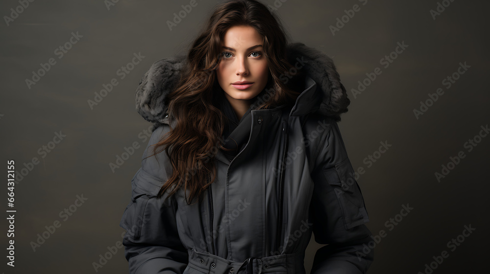 Model in Winter Coat on Studio Background