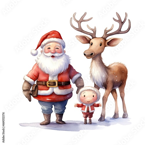 Cute Santa Claus standing with reindeer.