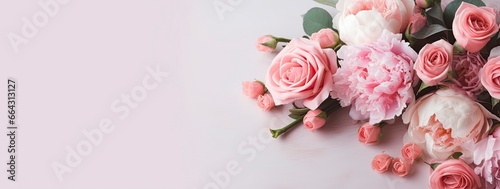 Fresh bunch of pink peonies and roses with copy space. © FurkanAli