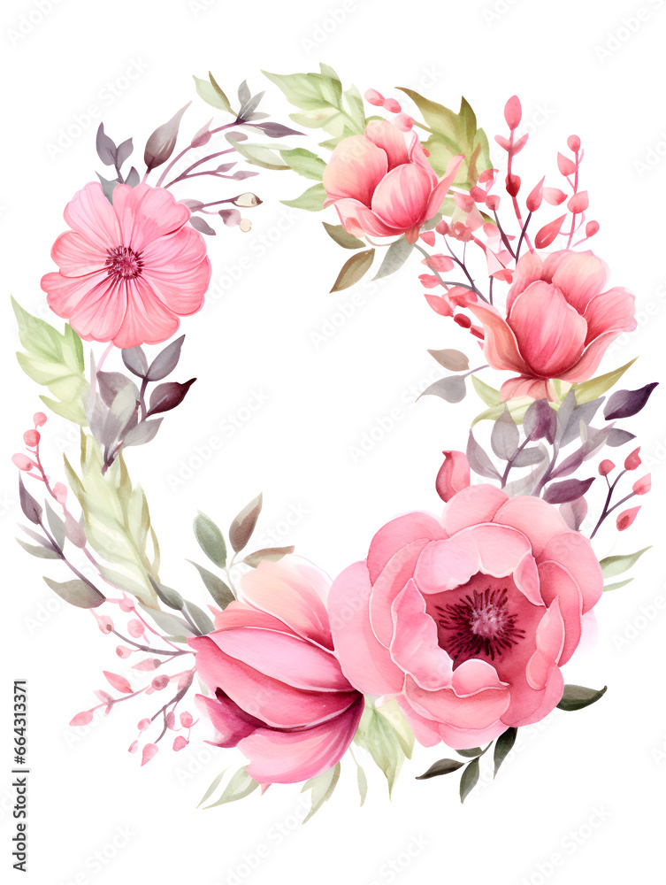 Watercolor wreath with blue flowers on pink background with copy space inside 