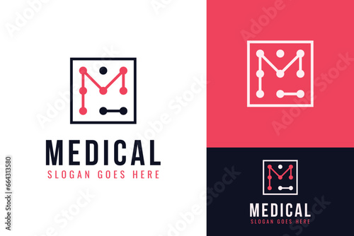 Initial Monogram M for Medic Medical Medicine Molecule with Cell inside Box Square Frame Logo Design Branding Template