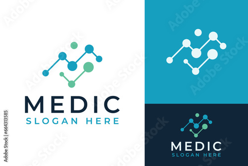 Initial Monogram Letter M for Medic Medicine Molecular Molecule with Check Mark Logo Branding Design Template