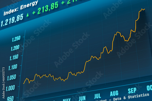 Energy index moving up. Stock market data, stocks, growth, progress, positive percentage changes on a screen. Stock exchange, business and trading. Energy stocks concept, illustration. photo