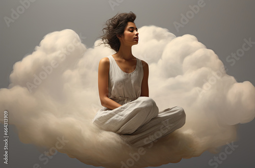 A dreamer girl meditates in the lotus position on a cloud, in the sky, relaxes, ai photo