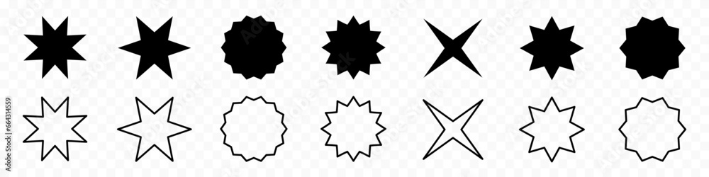 Flat simple starburst shapes. Sticker, label, promotional red badge on white background Flat simple starburst shapes. Sticker, label, promotional red badge on white background