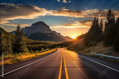 Breathtaking highway with stunning Rocky Mountain backdrop and vibrant summer sunrise in St. Mary, Montana, USA. Generative AI