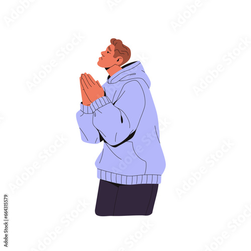 Sad man placed his hands in pray. People feel guilty, bad. Distressed guy ask excuse, beg about apologize. Broken male in hoodie request, plead. Flat isolated vector illustration on white background