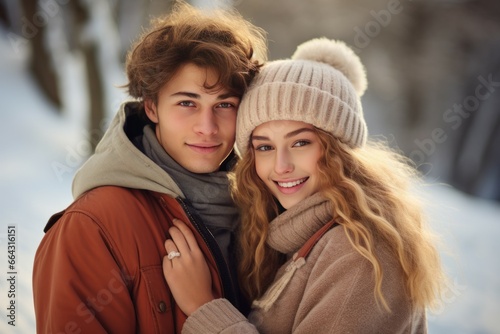 Cute young couple in warm clothes outdoors winter. Looking male pretty exterior. Generate Ai