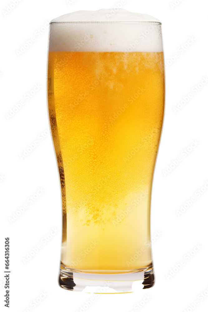 Close up of frothy golden beer in glass photo-realistic, commercial imagery, isolated white background Close up of frothy golden beer in glass photo-realistic, commercial imagery, isolated white background