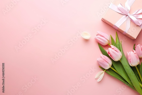 Pink gift box with ribbon bow and bouquet of tulips on isolated pastel pink background. © FurkanAli