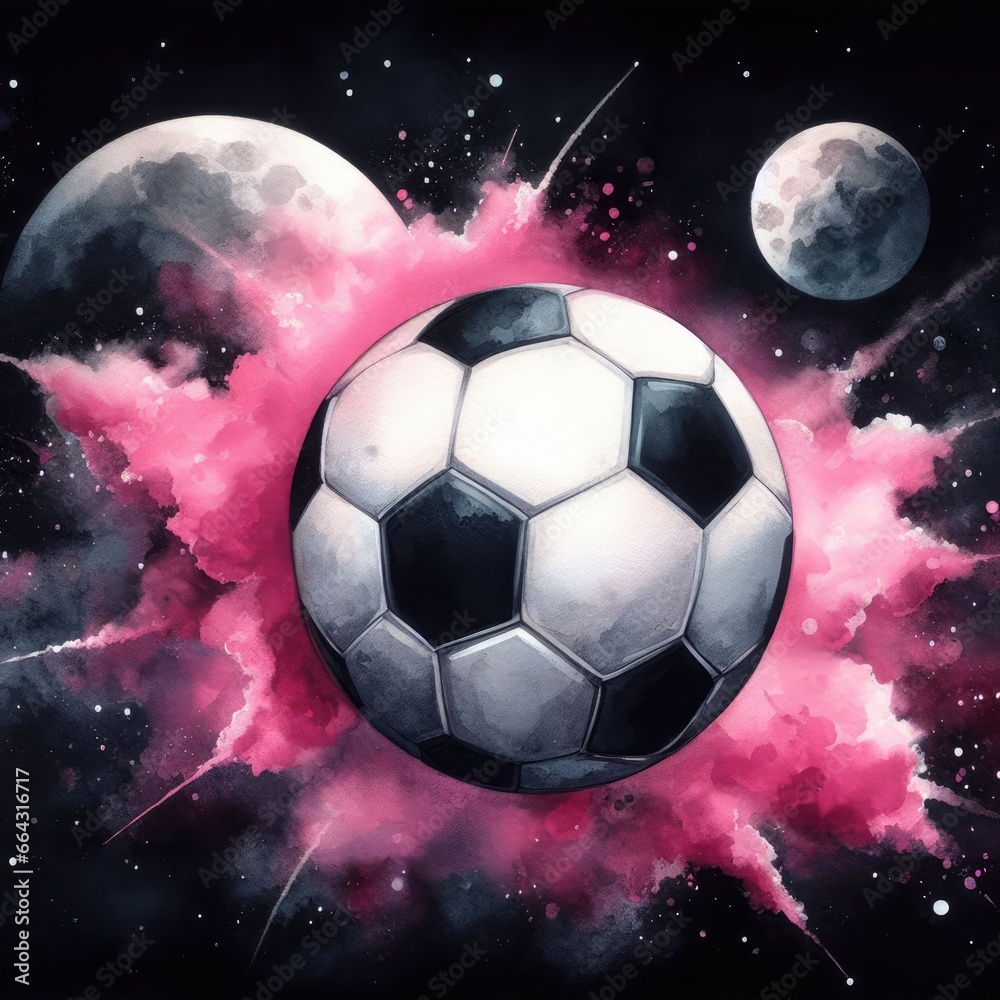Fototapeta premium Watercolor soccer ball as a planet in space with pink smoke and explosions