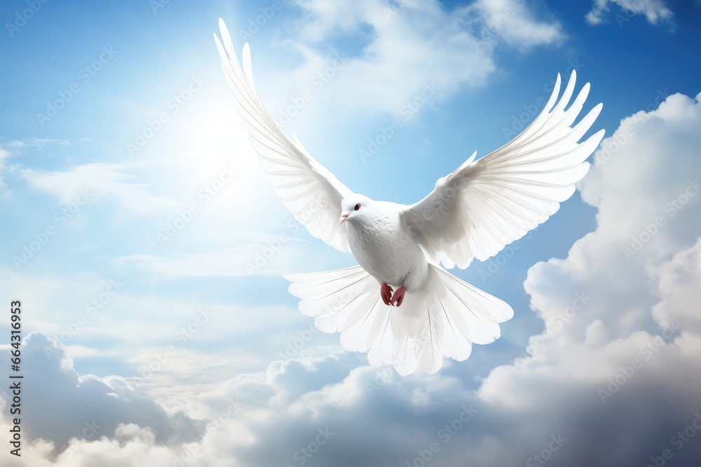 Fototapeta premium a white dove flying over the sun in a cloudy sky, in the religious style. Generative AI