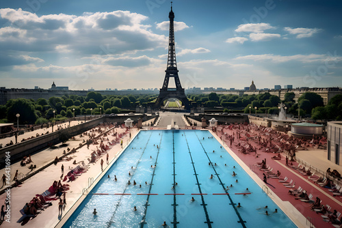A fictional Olympic swimming pool with the Eiffel Tower in the background. Concept of the Paris 2024 Olympic Games