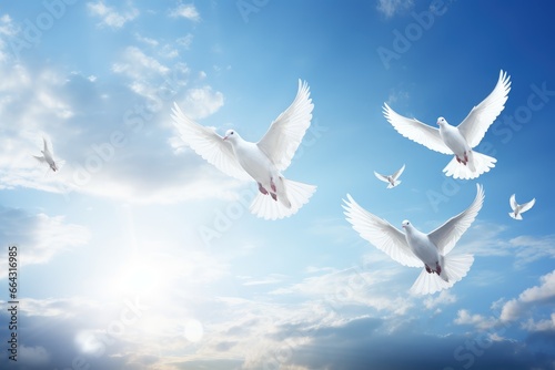 a white dove flying over the sun in a cloudy sky  in the religious style. Generative AI