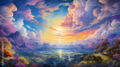 landscape of a spiritual and religious style filled with hope, beautiful landscape under a colorful sky. Generative AI