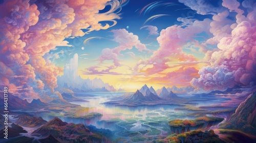 landscape of a spiritual and religious style filled with hope, beautiful landscape under a colorful sky. Generative AI