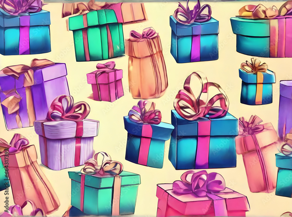 Obraz premium Gifts with painted background pastel tones drawing.