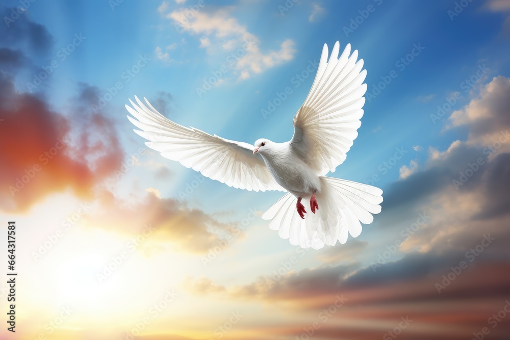 Fototapeta premium a white dove flying over the sun in a cloudy sky, in the religious style. Generative AI