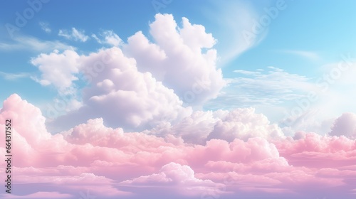Fantastic illustration of an image with pink clouds in a blue sky, beautiful landscape. Generative AI © Gelpi