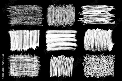 Set of scribble hand drawn in chalk on black background. Shabby white texture. Monochrome stain element. Rusted effect. Digitally generated image. Vector illustration.