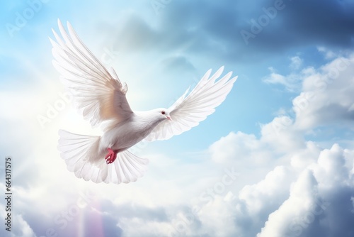 a white dove flying over the sun in a cloudy sky, in the religious style. Generative AI