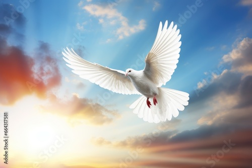a white dove flying over the sun in a cloudy sky  in the religious style. Generative AI