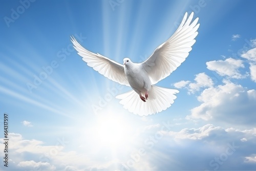 a white dove flying over the sun in a cloudy sky, in the religious style. Generative AI