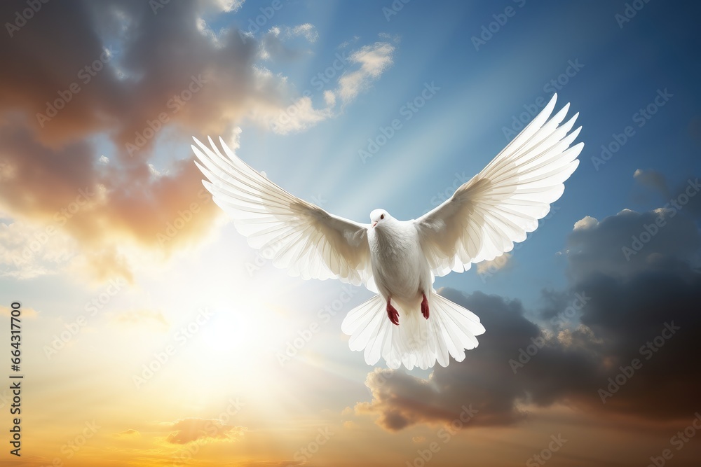 a white dove flying over the sun in a cloudy sky, in the religious style. Generative AI a white dove flying over the sun in a cloudy sky, in the religious style. Generative AI