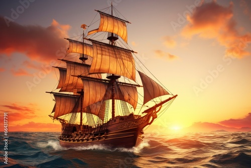 Pirate ship sailing on the ocean at sunset. Vintage cruise. © FurkanAli