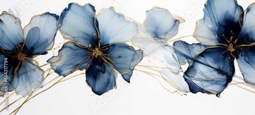 Abstract marbled ink liquid fluid watercolor painting texture banner illustration - Blue petals, blossom flower flowers swirls gold painted lines, isolated on white background