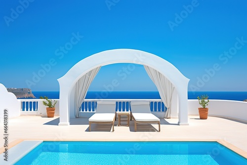 Sunbeds on white terrace with arch. Traditional mediterranean architecture under blue clear sky. Summer vacation background.