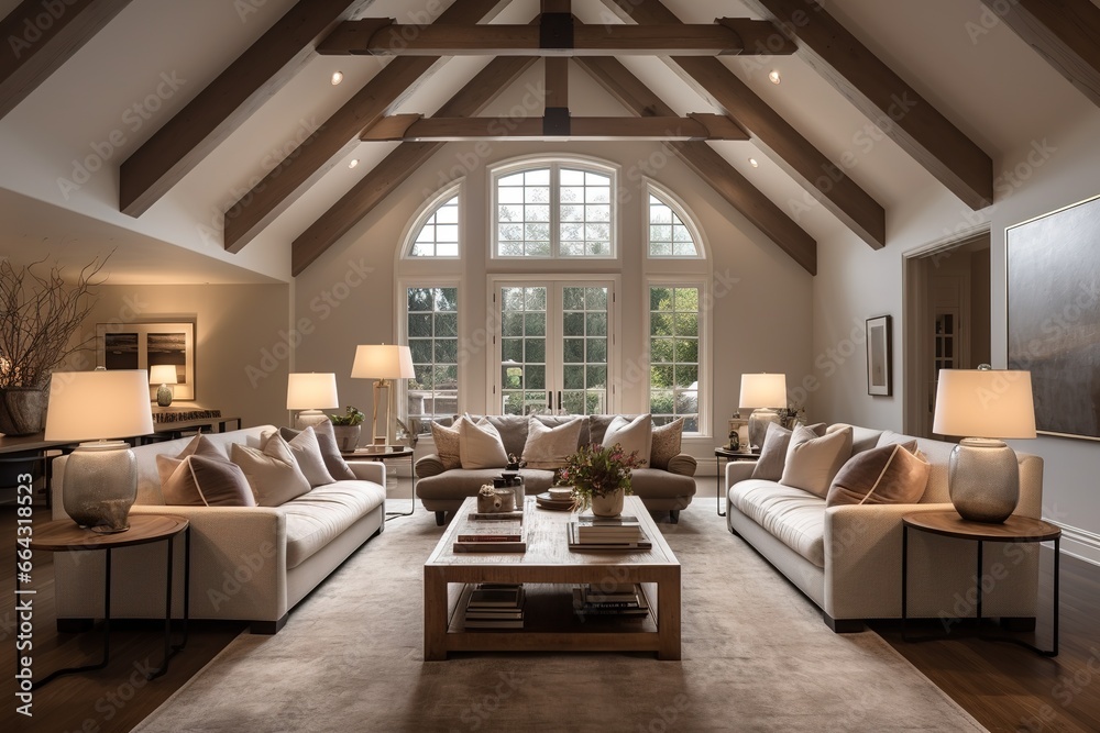 Fototapeta premium Traditional home interior design of modern living room with vaulted ceiling.