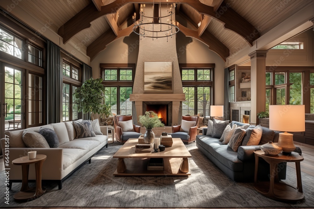 Traditional home interior design of modern living room with vaulted ceiling. - obrazy, fototapety, plakaty 
