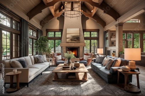 Traditional home interior design of modern living room with vaulted ceiling.
