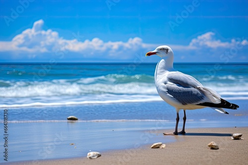 Seagull on the beach under blue sky. AI Generated © FurkanAli