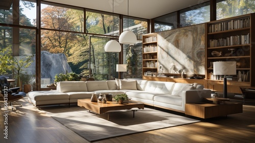 A mid-century style home interior design of a modern living room showcases a white sofa and brown leather armchairs