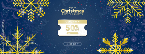 Gold Christmas 50% Coupon banner with Shop Now Button. Golden snowflakes with glitters and Christmas element decorations on blue background. Christmas Voucher template layout. Vector Illustration